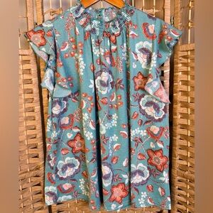 MELLODAY Floral Ruffle Sleeve Blouse Teal Multi Size Medium